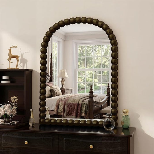 30"×38" Bronze Arched Bathroom Vanity Mirror, Vintage Beaded Decorative Wall Mounted Makeup Mirror, as Wall Decor Hanging Leaning for Fireplace Mantle, Living Room, Bedroom, Vanity Area