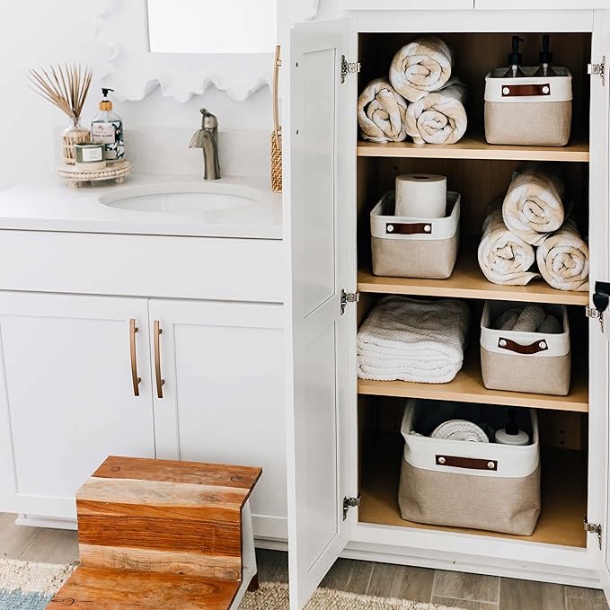 OrganiHaus 12x8in Canvas Storage Baskets 6 Pack | SMALL Fabric Bins for Shelves | Pantry & Bathroom Organizer | Beige/Off-White