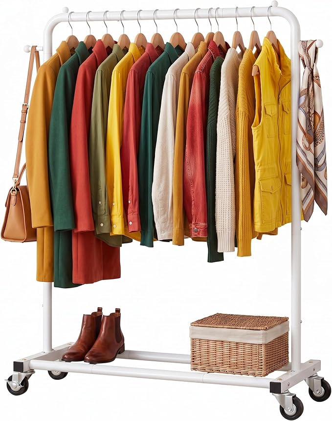 Sywhitta Clothing Rack on Wheels with Storage Shelf & Sturdy Metal Frame, Retail Clothing Rack for Hanging Clothes, Coats, Skirts,Space-Saving Mobile Organizer for Closet, Bedroom, Laundry Room, White