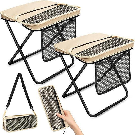 2 Pcs XL Foldable Backpack Stool for Adults, 14.2" Wide Seat & Knee-Friendly Folding Stool Pocket Chair, Portable Chairs, Heavy Duty Collapsible Camping Seat for Fishing Travel - Khaki