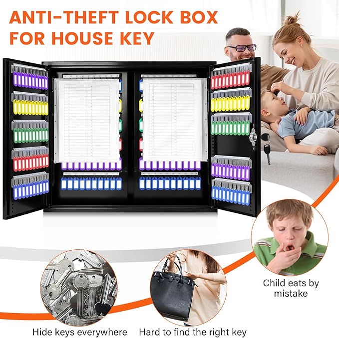 440 Keys Dual-Door Key Lock Box Wall Mount with 20 Adjustable Hook Plates, Numbered Hooks and Tags, Steel Key Cabinet with Index Log, Key Storage Box Key Organizer for Garage Home Office, Black