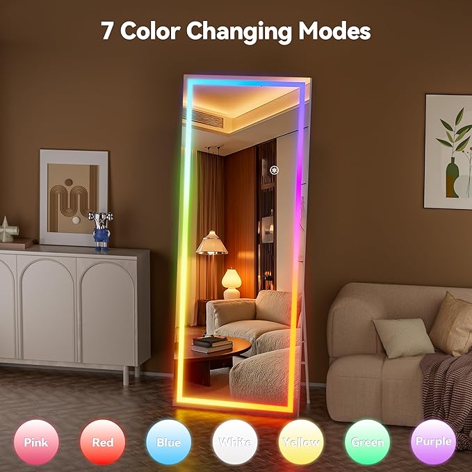Hasipu 75"x28" LED RGB Bluetooth Full Length Mirror with Lights, Full Body Mirror with Stand, Wall Mount & Free Standing Floor Mirror for Bedroom Living Room Cloakroom, 7 Color & Brightness Adjustable