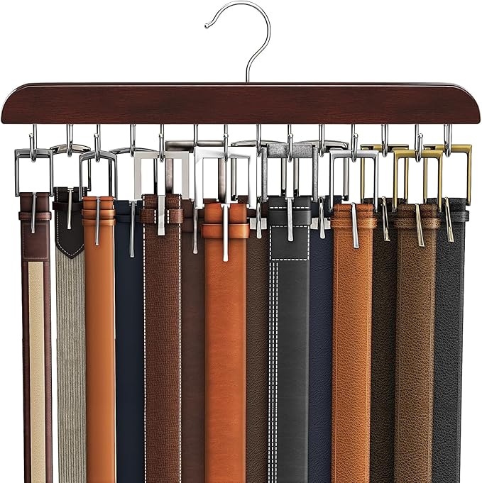 Belt Hanger for Closet Max 42 Belts, Sturdy Wood Belt Rack Closet Accessories with 14 Hooks Belt Organizer for Closet Organizers and Storage -Black 1 Pack
