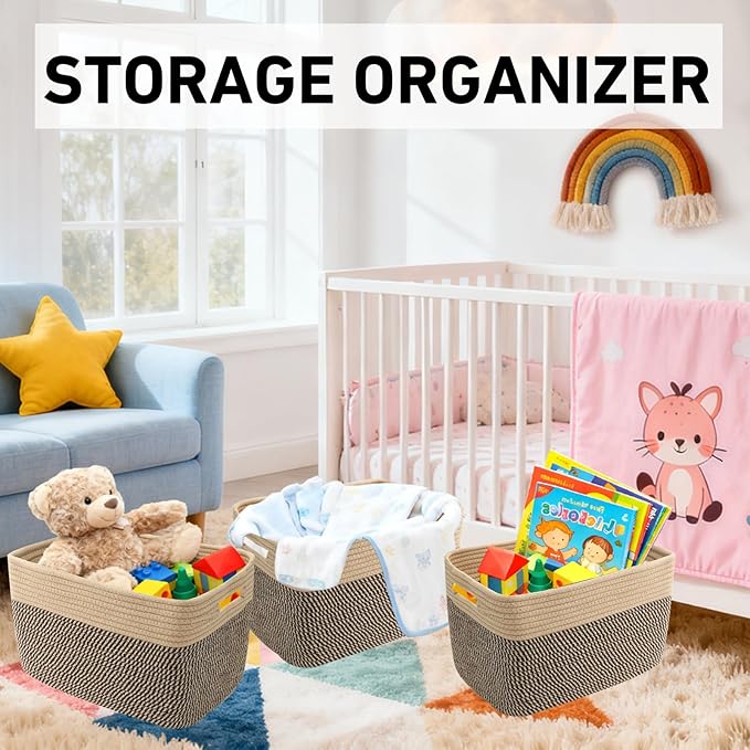 3 Pack Woven Rope Storage Baskets for Shelves,13.5"×11"×9.5" Storage Bins with Handles,Empty Gift Baskets,Nursery Organizer for Toys,Towels,Books,Closet,Living Room,Bedroom (Jute&Black)