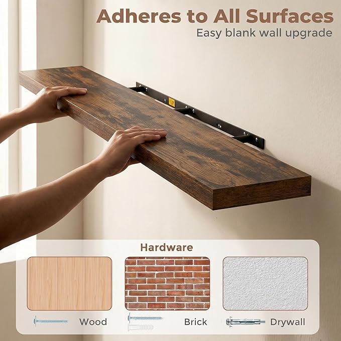 Venusmiles Floating Shelves for Wall, 32 Inch Floating Shelves Set of 2, 6.5" D Wooden Wall Mounted Display Shelves with Invisible Brackets for Living Room, Bedroom, Bathroom, Kitchen Decor, Brown