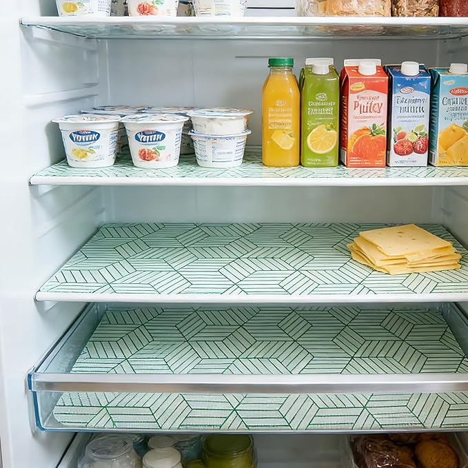 Green Geometric line Pattern Shelf Liners, Non-Adhesive and Anti-Slip Thickened Drawer Liners, Easy to Clean, Kitchen cabinets, toolboxes, refrigerators, Including Tools. 17×236.22 inches.