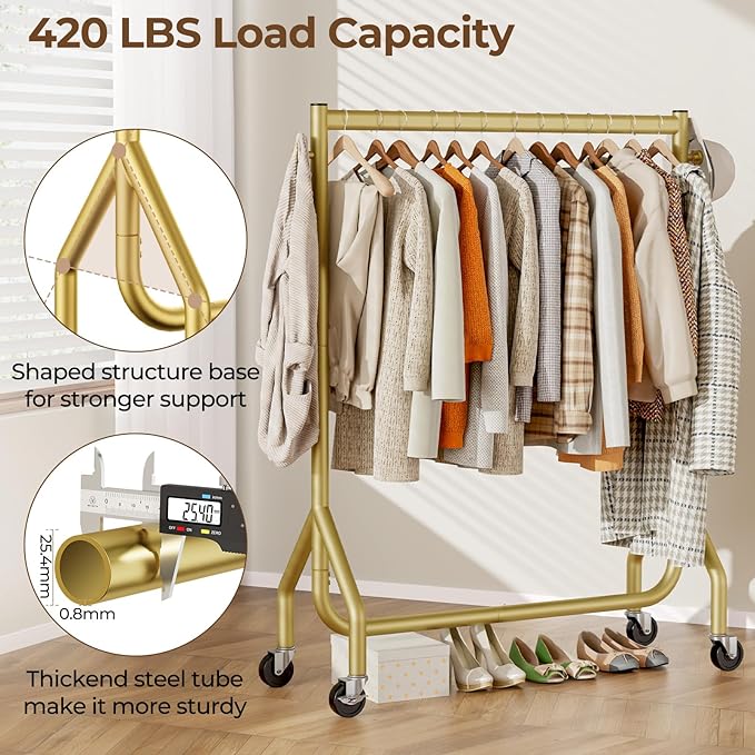 HYSEYY Clothes Clothing Rack, Rolling Heavy Duty Clothes Rack Load 420 LBS With Wheels, Metal Clothes Rack for Hanging Clothes, Portable Standing Clothes Garment Rack,Gold,48 inches