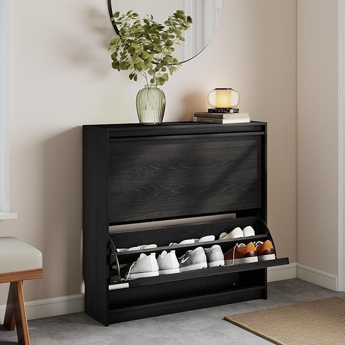Shoe Cabinet with 2 Flip Drawers, Modern Narrow Shoe Storage Cabinet Organizer with Adjustable Shelf, Hidden Freestanding Shoe Rack for Entryway, Hallway, Living Room, Black