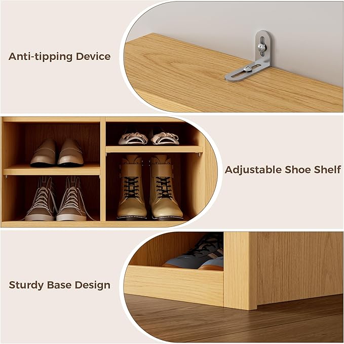 IRONCK Hall Tree with Bench and Shoe Storage, 6-in-1 Entryway Bench with Coat Rack, Adjustable Shelf, Hanging Hooks, 6 Shoe Cubbies, 2-Tier Top Storage, for Entryway, Bedroom, Living Room, Oak