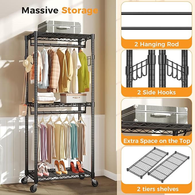 NEWBULIG Heavy Duty Adjustable Clothes Rack with Wheels, Adjustable Rolling Metal Freestanding Garment Closet Organizer with Double Rods & 2 Side Hooks for Hanging Clothes, 29" x 15" x 75", Black