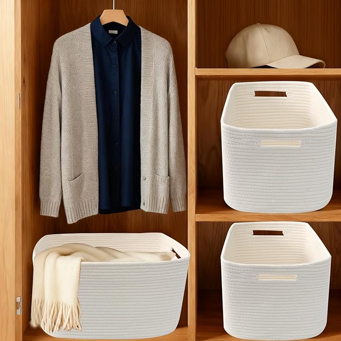 3 Pack Woven Rope Storage Baskets for Organizing,13.5"×11"×9.5" Storage Bins for Shelves,Perfect for Toys,Books,Towels,Clothes,Empty Gift Baskets for Nursery,Living Room&Bedroom(White)