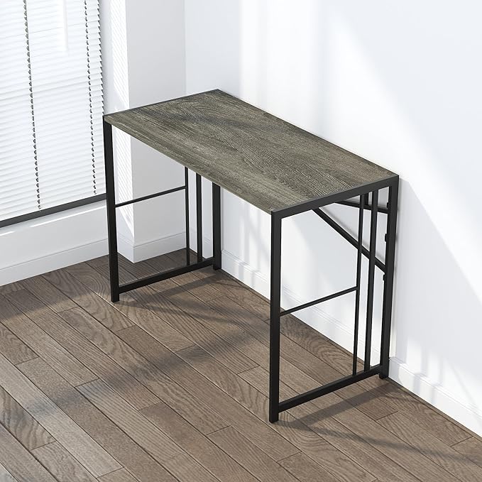 Lutown-Teen 35 inch Narrow Folding Desk, Writing Gaming Computer Camping Desk for Small Spaces, No Assembly Required Home Office Table, Black Oak