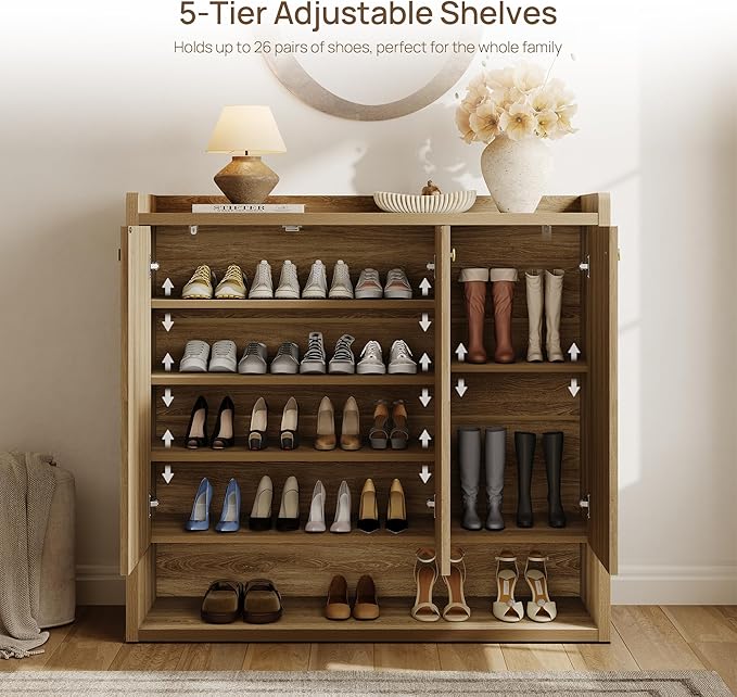 SICOTAS Shoe Storage Cabinet for Entryway, 47.6" Wide 6-Tier Extra Large Shoe Cabinet with 3 Doors, Holds Up to 30 Pairs, Adjustable Shelves Shoes Rack Organizer for Hallway (Brown Oak, 2 Pieces)