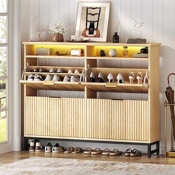 Fluted Shoe Storage Cabinet with 4 Flip Drawers, 47.24" Narrow Shoe Organizer Cabinet with LED Light, Slim Freestanding Shoe Rack Cabinet, Wooden Hidden Shoe Cabinet for Entryway, Hallway(Natural Oak)