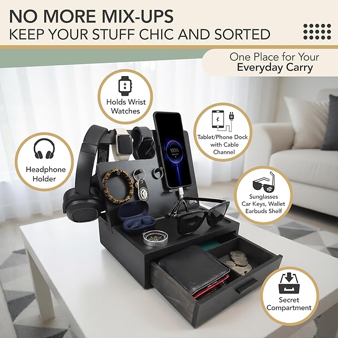 Nightstand Organizer for Men- Bedside Table Organizer with Drawer for Cellphone, Watches, Sunglasses & Accessories- Makes an Ideal Gift for Dad or Son (Black)