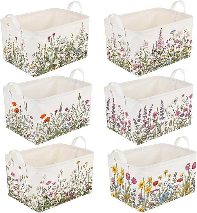 CHENGU 6 Pack Flower Storage Bins Collapsible Wildflower Baskets with Handles Large Multicolored Flower Basket Farmhouse Foldable Organizers Rustic Summer Home Decor for Spring Bedroom Office Home