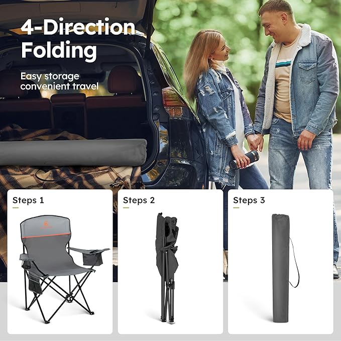 ALPHA CAMP Camping Chairs 350LBS Capacity, Heavy Duty Folding Chair with 4-Can Cooler Bag, Portable Outdoor Chair with Cup Holder for Adults, Collapsible for Tailgating, Beach, Fishing