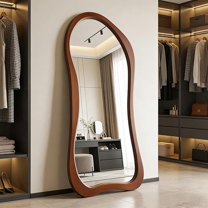 Large Irregular Mirror, 63"x30" Organic Floor Mirror with Solid Wood Frame, Asymmetrical Aesthetic Mirrors for Living Room Entryway Hallway Bedroom Cloakroom, Leaning/Wall-Mounted