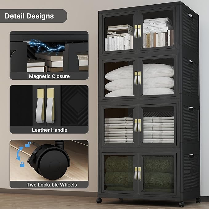 UAMFURI Stackable Storage Bins with Lids, Clear Doors, Large Storage Cabinet Foldable Collapsible Closet Organizers for Bedroom Dorm Office (4, Black, 160, Quarts)
