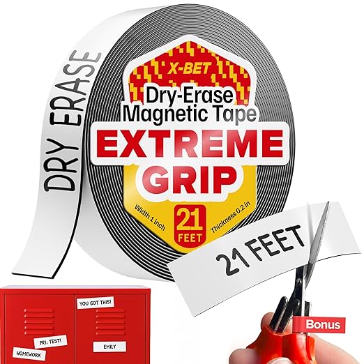 X-bet MAGNET Dry Erase Magnetic Strips - Magnetic Tape Roll - Blank Write On Magnets - Sticky Labels and Stickers - Writable Flexible Magnet Sheet for Whiteboards, Refrigerator and Crafts
