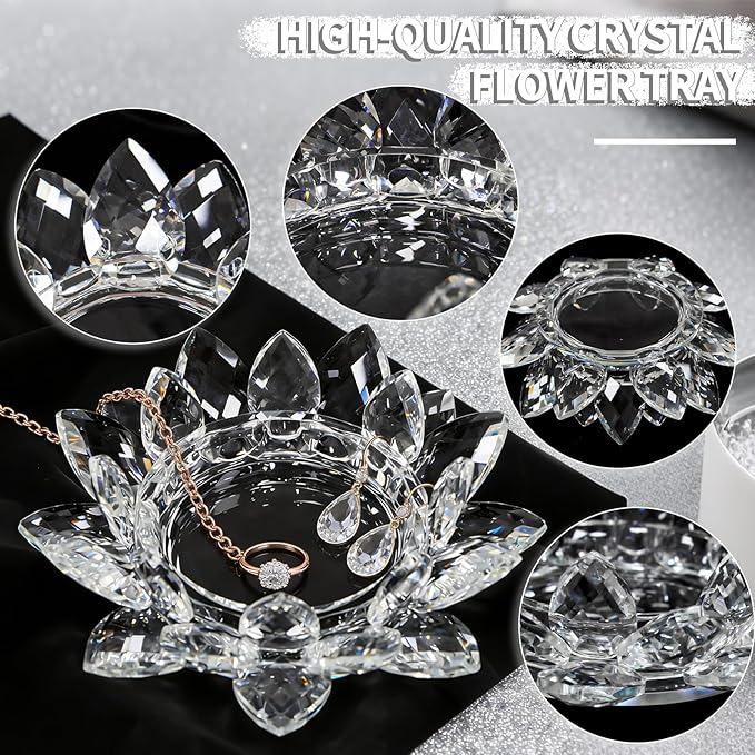 Crystal Flower Jewelry Tray, Transparent Decorative Trinket Dish for Rings, Earrings, Necklaces, Keys for Vanity Dresser Nightstand, Elegant Gift for Women Mother's Day (2, 6.3"(W) - Clear)
