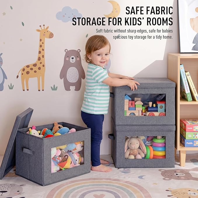 4-Pack Storage Bins with Lids, Fabric Foldable Storage Bins with Soft Cord Handles, Cube Closet Organization for Clothes, Blankets and Books, Gray