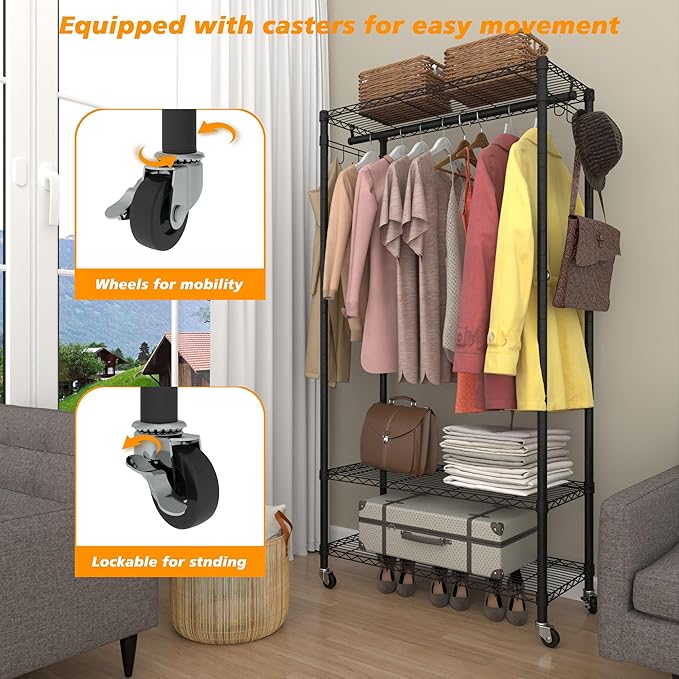 Rolling Portable Garment Rack, Freestanding Clothes Rack with 3 Adjustable Wire Shelves, 2 Side Hooks, Black