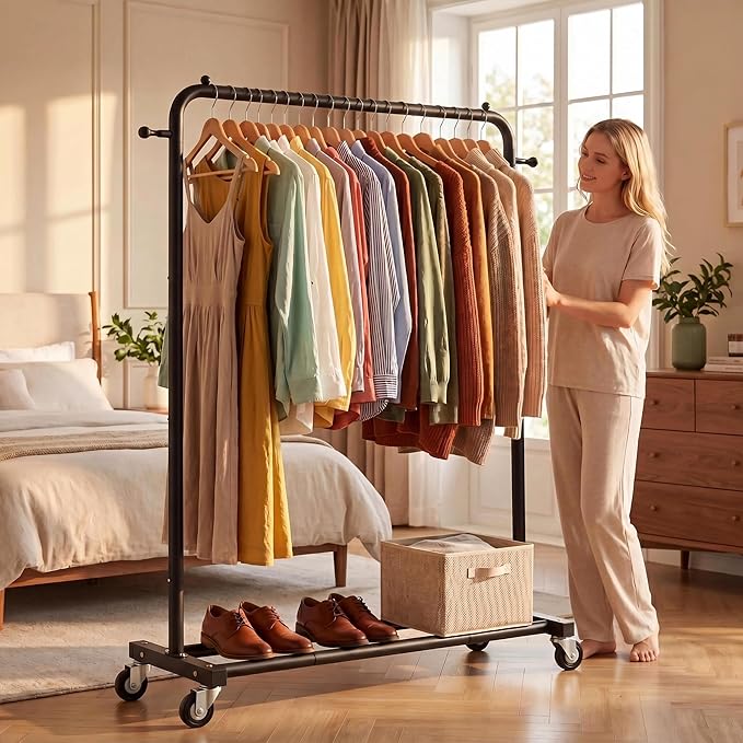 Sywhitta Clothing Rack on Wheels with Storage Shelf & Sturdy Metal Frame, Retail Clothing Rack for Hanging Clothes, Coats, Skirts,Space-Saving Mobile Organizer for Closet, Bedroom, Laundry Room, Black