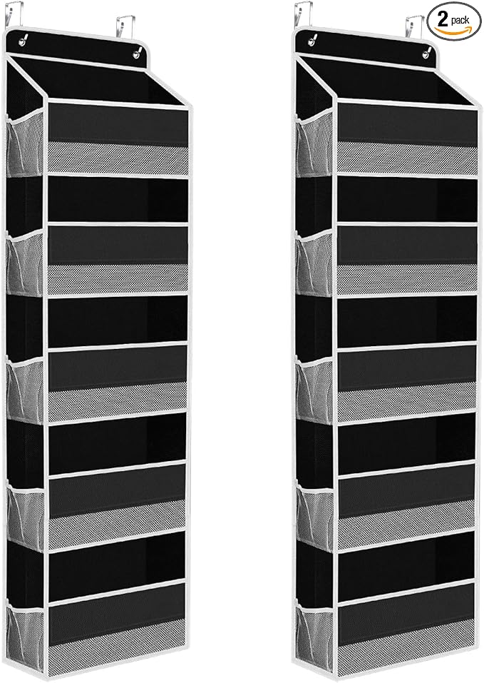 SpaceHacks 2 Pack Over The Door Organizer, Hanging Storage Organizer with Clear Window, 40lb Ultra Sturdy Large Capacity Room Organizer for Pantry Laundry Bathroom Nursery Closet (Black)