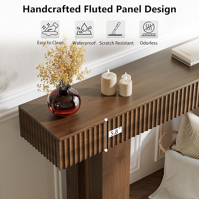 60-Inch Long Entryway Table with Built-in Power Outlet and App & Button-Controlled RGB Light, Thick Wood Farmhouse Console Table for Behind Sofa, Narrow Hallway, Living Room, Foyer, Entrance, Walnut