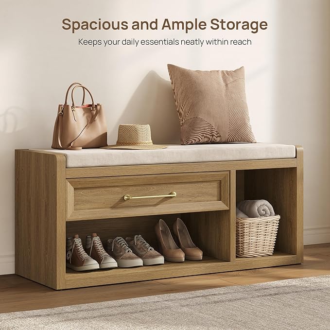 SICOTAS Shoe Bench with Storage, 43.3" Extra Wide Farmhouse Entryway Bench with Cushion, Drawer & Tall Boot Shelf, 18.9" Comfort Height Seat, Large Storage Bench for Bedroom Hallway Mudroom,Brown Oak