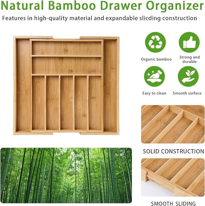 Bamboo Expandable Silverware Drawer Organizer, Adjustable Utensil Tray Cutlery Holder for Kitchen Drawer, Flatware Storage Organizer for Spoons, Forks and Knives, Natural 5 Slot