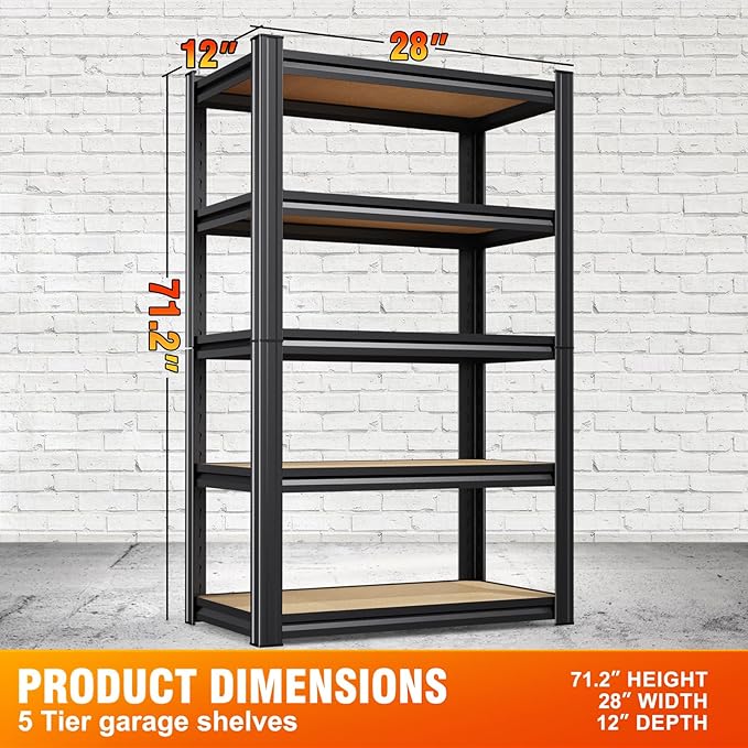 Storage Shelves,Adjustable Shelving Unit,5T Wood Garage Shelving ,Heavy Duty Garage Storage Shelves, Quick-Install Metal Shelving Unit Utility Rack Shelf for Warehouse, Pantry, Kitchen71.2’H*28’W*12’D