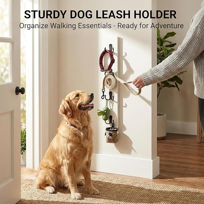 Vertical Key Holder for Wall & Dog Leash Holder – Solid Wood Wall Mount Key Rack with 8 Hooks – Small Space Saving Entryway Organizer for Keys, Lanyards, Masks (Adhesive or Screws) (White)