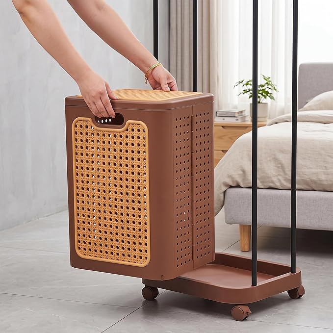VECELO Laundry Hamper with Clothes Rack, Rolling Laundry Basket with Lid and Wheels, Tall Clothes Stand for Hanging Clothes, Multifunctional Laundry Organizer for Bedroom, Bathroom, Brown