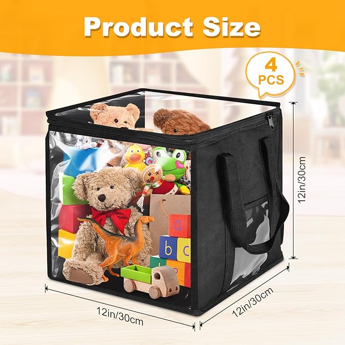 4 Pack Clear PVC Storage Bins with Handles - 12" x 12" Cube Storage Bins Foldable Transparent Storage Box, PVC Organizer Boxes for Clothes, Toys and Stuffed Animal Storage (Black)