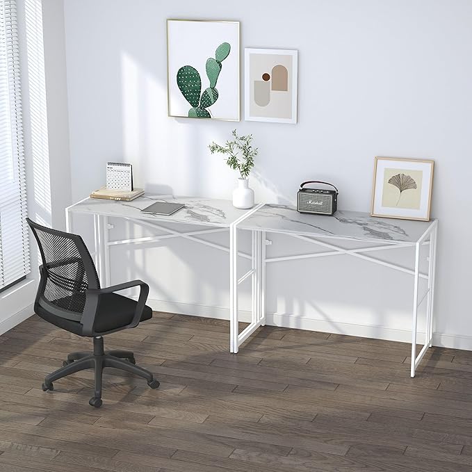 Lutown-Teen Folding Computer Desk 40 inch Writing Gaming Computer Camping Desk, No Assembly Required Home Office Table, White Marble