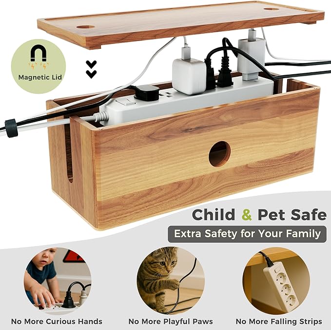 Acacia Wooden Large Floor Cord Cover Box for Power Strips, Low Profile Cable Concealer for Floor Wires and Extension Cords, Cord Protector and Wire Hider for TV, Router, Home Office and Living Room