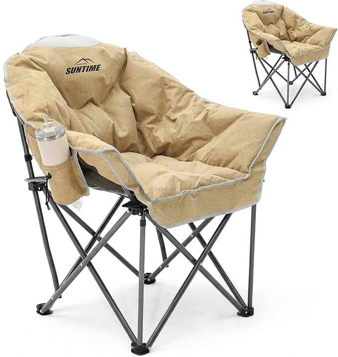 Upgrade Oversized Padded Camping Chair with Adjustable Cup Holder,Weight Capacity 400 LBS,Built-in Comfy Foam Armrest Supports,Heavy Duty Moon Leisure Folding Chair for Camping, Beige(2 Pack)