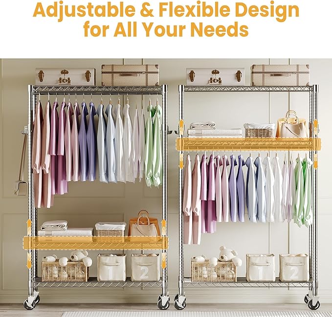 3-Tier Rolling Metal Garment Rack with Adjustable Shelves and One Hanging Rods, Heavy Duty Freestanding Clothing Organizer with Wheels for Bedroom, Closet, Dorm, or Laundry Room