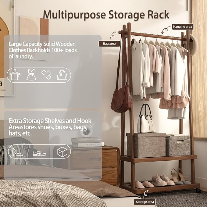 Solid Wood Clothing Rack Freestanding with Wheels, 3-in-1 Coat Rack with 2 Shelves & Hooks Load 500 Lbs, Heavy Duty Garment Rack for Hanging Clothes & Organizer for Entryway Bedroom Living Room 23.6"W