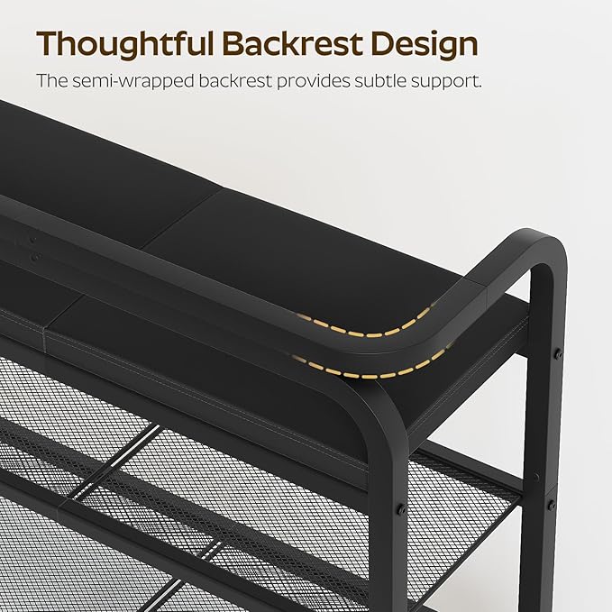 YATINEY Shoe Bench with Backrest, Entryway Bench, 2-Tier Shoe Rack with PU Padded Seat, Upholstered Shoe Storage Bench with Back, for Hallway, Entryway, Foyer, Bedroom, Black HX04BB