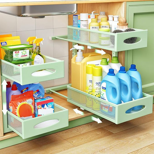 2 Pack Under Sink Organizer, 2 Tier Pull out Cabinet Organizer Mesh Baskets with 5 Adjustable Heights, Sliding Drawers Storage Shelf for Home, Kitchen, Bathroom, Pantry, Office, Countertop ,Green