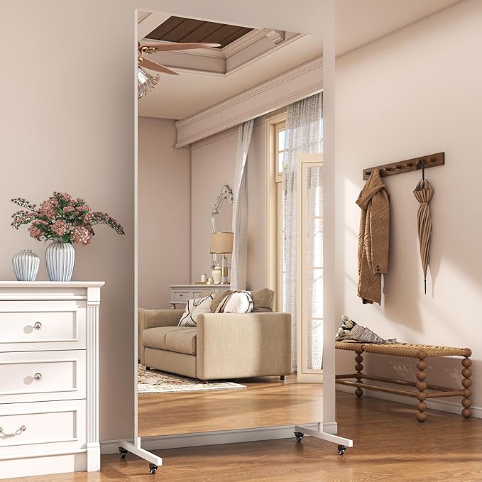 Hasipu Home Gym Mirror 360° Swivel on Wheels, 74.8" x 27.5" Extra Large Full Body Rolling Mirror for Yoga Studio, Bedroom, Dancing Studio, White