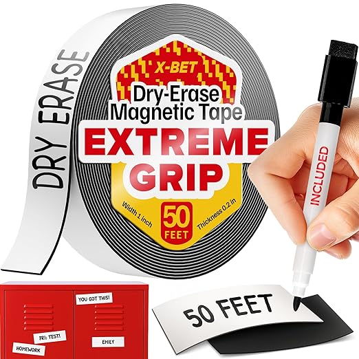 X-bet MAGNET Dry Erase Magnetic Strips 50 feet x 1inch x Total Thickness 0.5mm+Marker+1 Dry Erase Marker