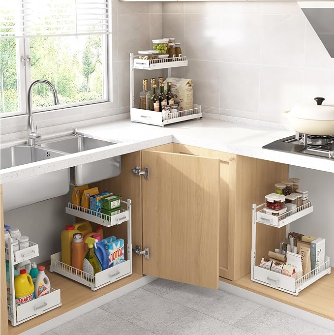 Under Sink Organizer, 2 Tier Slide Out Cabinet Organizer with Pulley, Height Adjustable Pull Out Shelf for Kitchen, Bathroom, Laundry and Utility Storage, White, 1 Pack