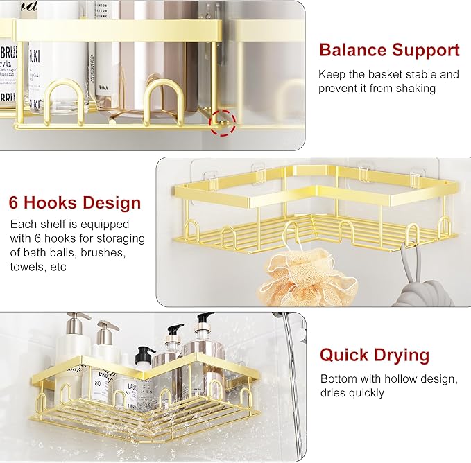 Liuoud Corner Shower Caddy 5 Pack, Rustproof Stainless Steel Shower Organizer with Soap Rack Toothbrush Holder, Large Capacity Adhesive No Drilling Bathroom Kitchen&Home Decor Set, Gold