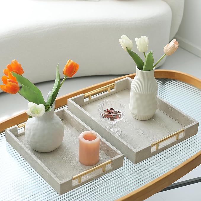 SwallowLiving Set of 2 Shagreen Serving Tray with Gold Polished Metal Handles Ivory Wood Decorative Tray PU Leather with Brushed Gold for Coffee Table Ottoman Console Table
