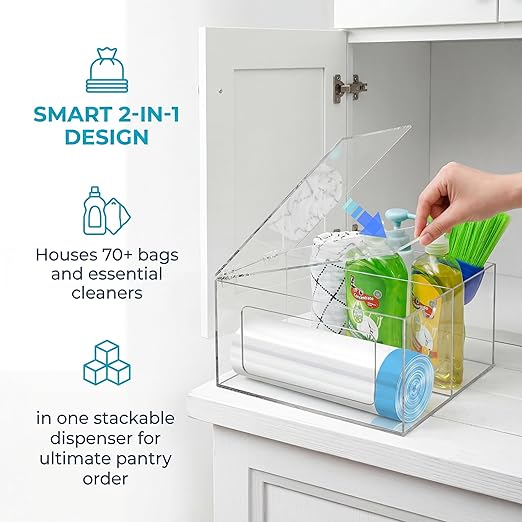 Acrylic Trash Bag Dispenser Holder, 2 in 1 Garbage Bag Roll Holder Under Sink, Standard Grocery Bags Storage Container with Lid, Laundry Storage Organizer Bin for Kitchen, Bathroom, Pantry