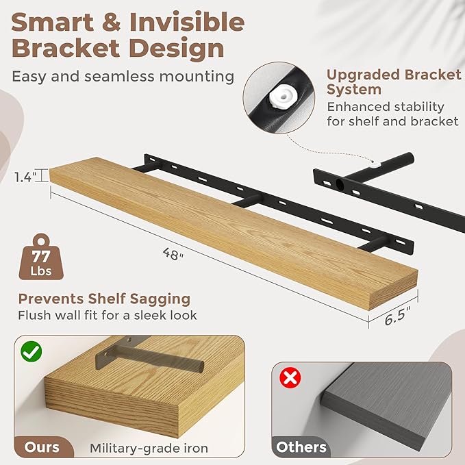 Venusmiles Floating Shelves for Wall, 48 Inch Floating Shelves Set of 2, 6.5" D Wooden Wall Mounted Display Shelves with Invisible Brackets for Living Room, Bedroom, Bathroom, Kitchen Decor, Oak